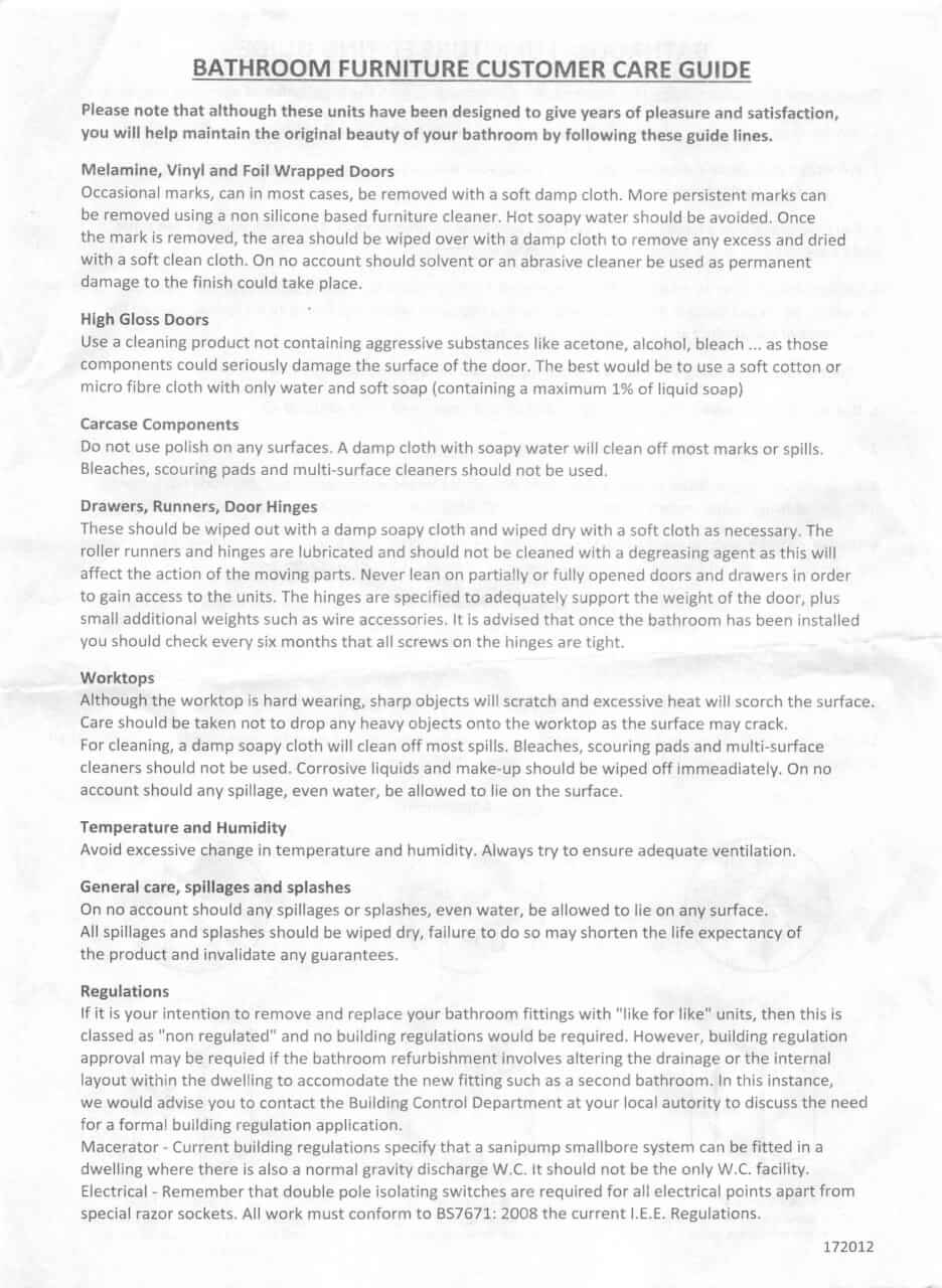 Hudson reed urban vanity unit care guide paper instructions supplied with the product.