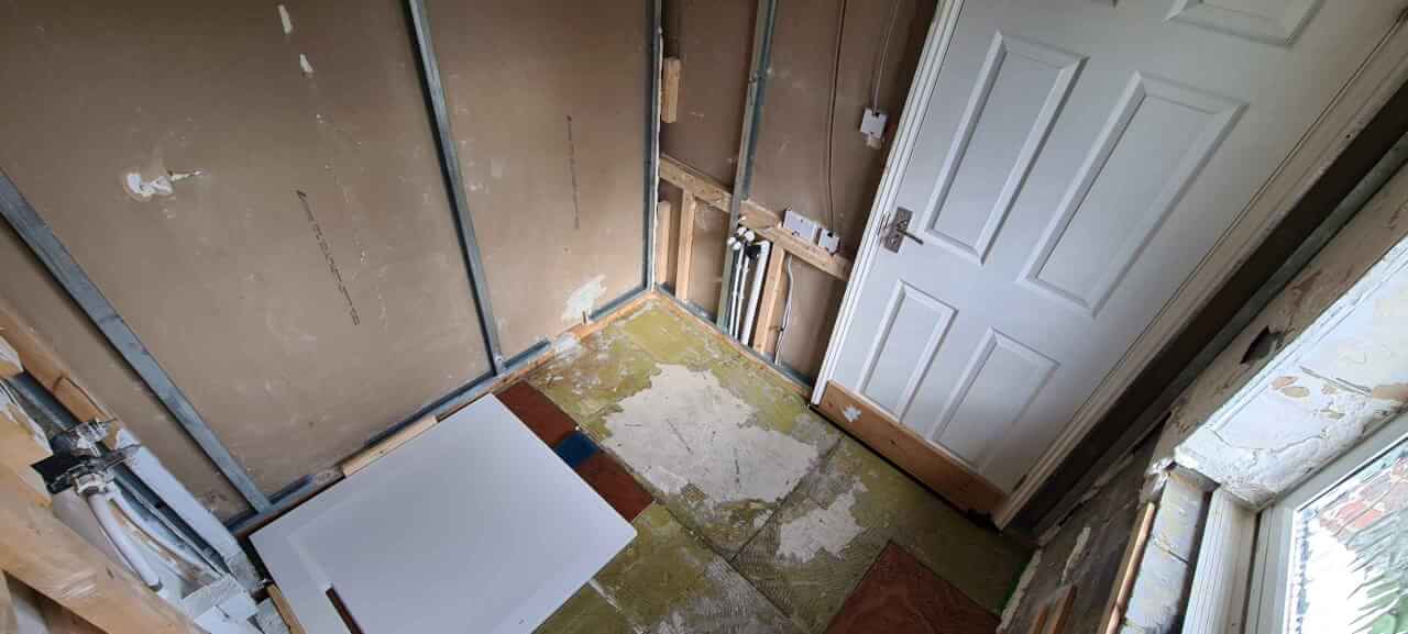 Rip out complete, all old drywall, tile and plaster removed