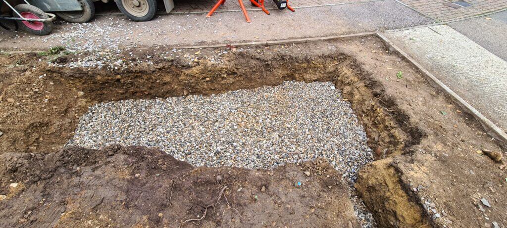 Soak away pit covered in gravel ready for concrete