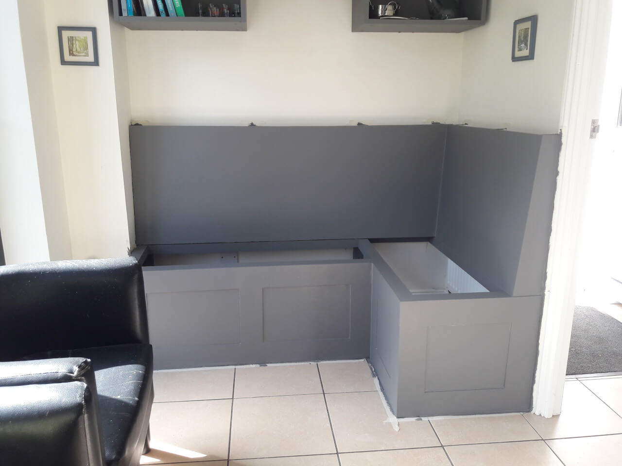 Painting the bench seat carcass and panels with grey cupboard paint