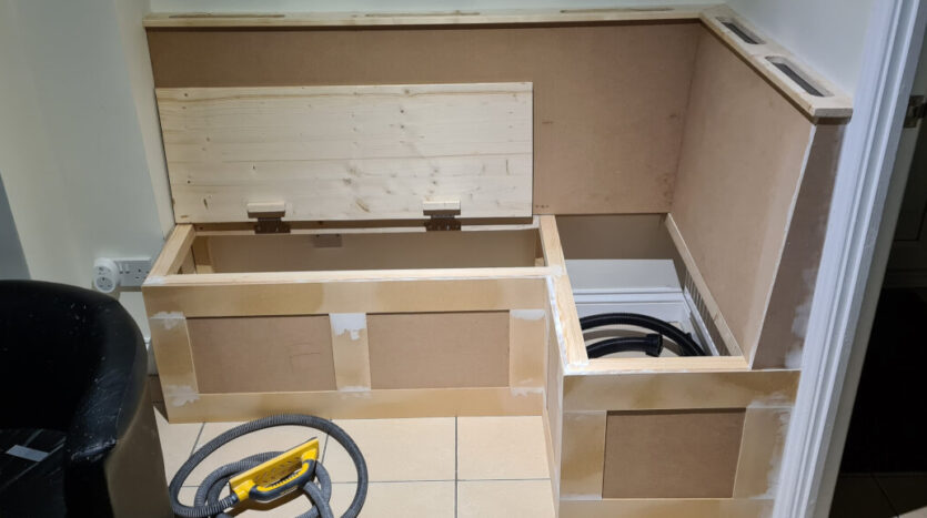 Joinery complete joints filled and prepared and the banquette seating is now ready for paint scaled