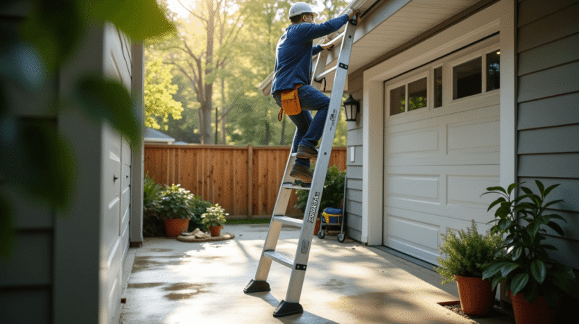 ladder being for guttering repair job
