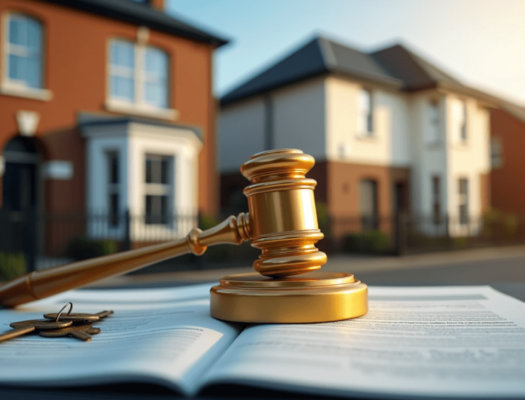 property auction gavel on the lecturn in front of a row of houses