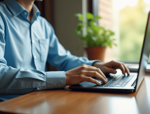 bidder sitting at a desk with a laptop for an online property auction