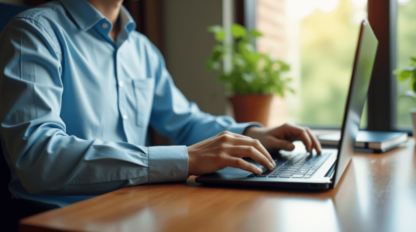 bidder sitting at a desk with a laptop for an online property auction